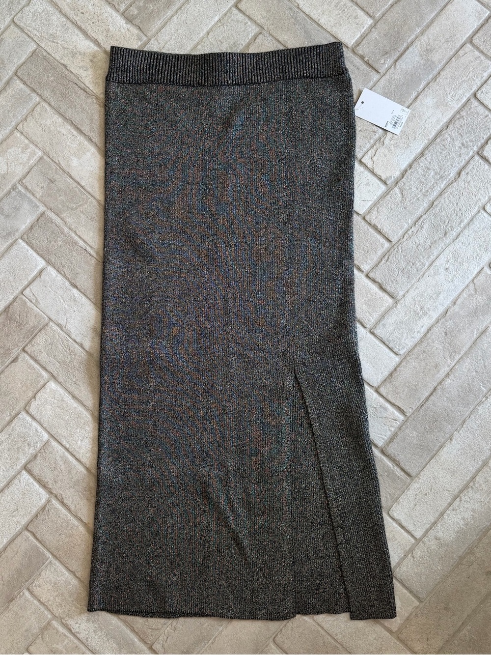 NWT SO Black Gold Metallic Rib Knit Midi Sweater Skirt Side Slit Size M